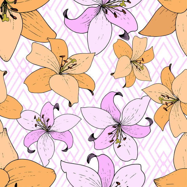 Vector Lily floral botanical flower. Engraved ink art. Seamless background pattern. Fabric wallpaper print texture. - Wektor, obraz