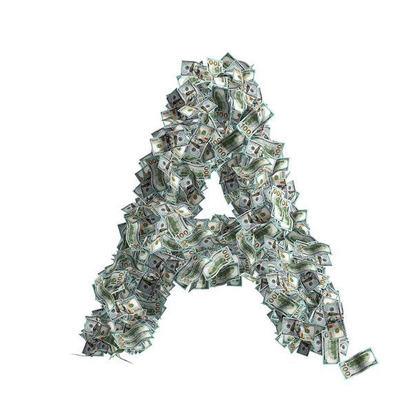 Буква А, сделанная из 100 долларовых купюр - 3D рендеринг
 - Фото, изображение