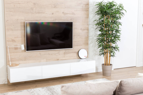 Современная светлая гостиная с телевизором
 - Фото, изображение