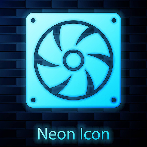 Icona luminosa al neon Computer cooler isolato su sfondo muro di mattoni. Ventilatore hardware PC. Illustrazione vettoriale - Vettoriali, immagini