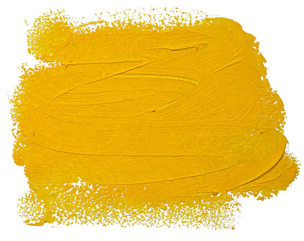 Yellow oil brush stroke. Abstract varnish splash trace shape. Glossy oil paint smear on white background. - Photo, Image