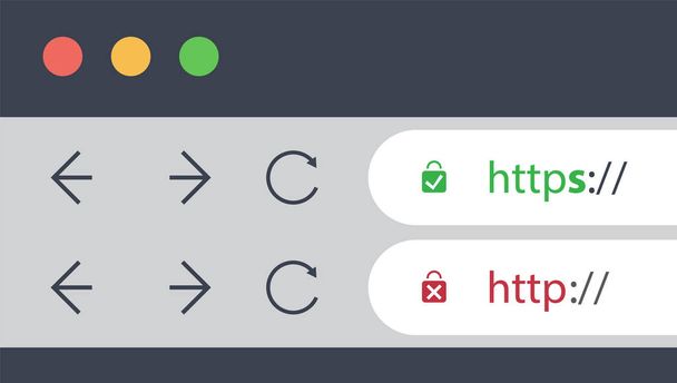 Barras de direcciones del navegador que muestran direcciones web seguras e inseguras - Concepto de tendencia de navegación y conexiones seguras obligatorias
  - Vector, Imagen