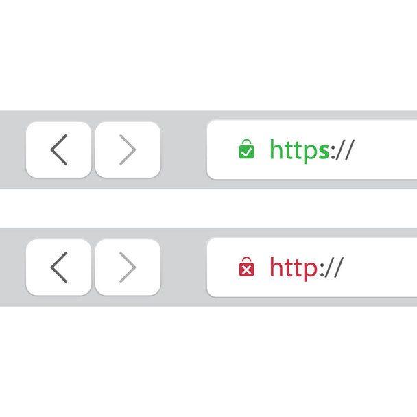 Barras de direcciones del navegador que muestran direcciones web seguras e inseguras - Concepto de tendencia de navegación y conexiones seguras obligatorias
  - Vector, imagen