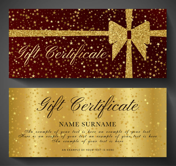 Gift Certificate, Golden ticket, Gift Voucher with sparkle starry glitter background and gold bow (ribbon). Blank coupon  template useful for invitation, party, event or entertainment show  - Vector, Image