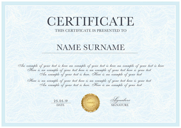 Certificate template with Guilloche pattern,  frame border and gold award. Blue background design for Diploma, certificate of appreciation, achievement, completion, of excellence - Vector, Image