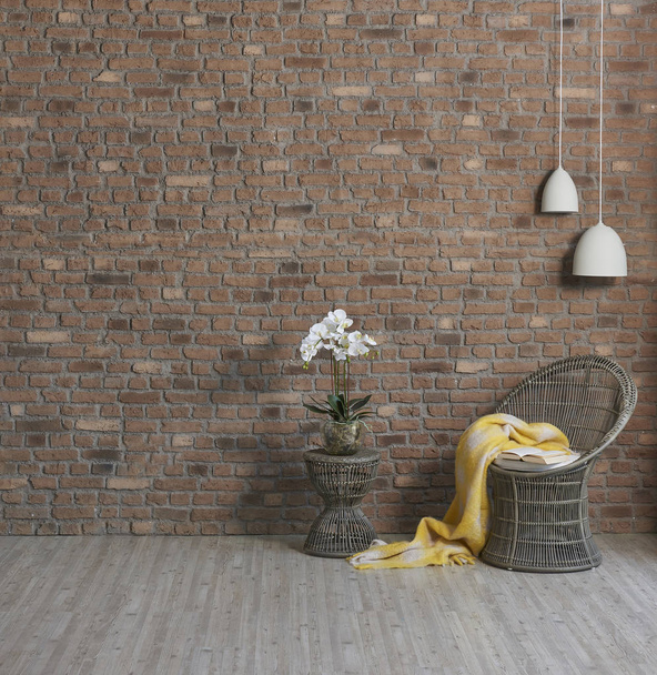 Modern wall and white lamps,wicker chair and flowers - Photo, Image