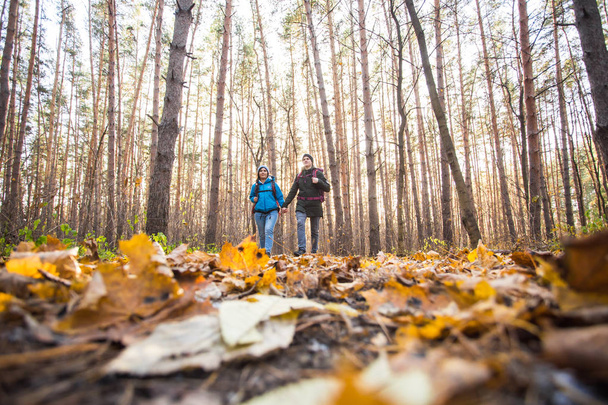 aventura, viajes, turismo, senderismo y concepto de personas - pareja sonriente caminando con mochilas sobre fondo natural de otoño
 - Foto, imagen