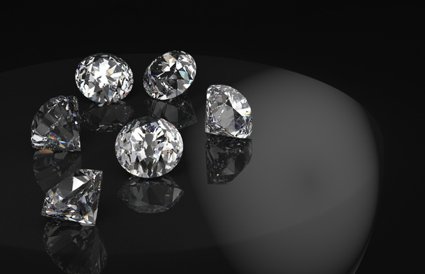 3d rendering. Diamonds group with reflection on black background with copy space. - Fotó, kép