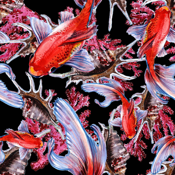 Sea fish. Red sea. Seamless pattern of marine inhabitants. Sea background. - Zdjęcie, obraz