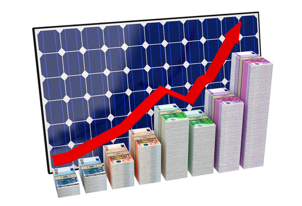 Solar Panel - Bar graphs made from Euro banknotes - 3D rendering - Foto, afbeelding