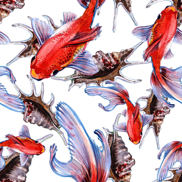 Seamless pattern of sea fish. Sea background. Fish watercolor. - Фото, изображение