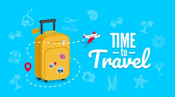 Travel bag with stickers. Concept for aircraft, travelling and trip. Trip background. - Vector, Image