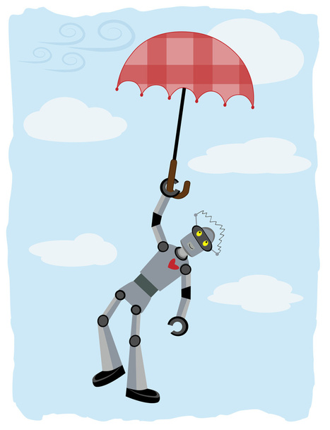 Robot colgando de paraguas flotante
 - Vector, imagen