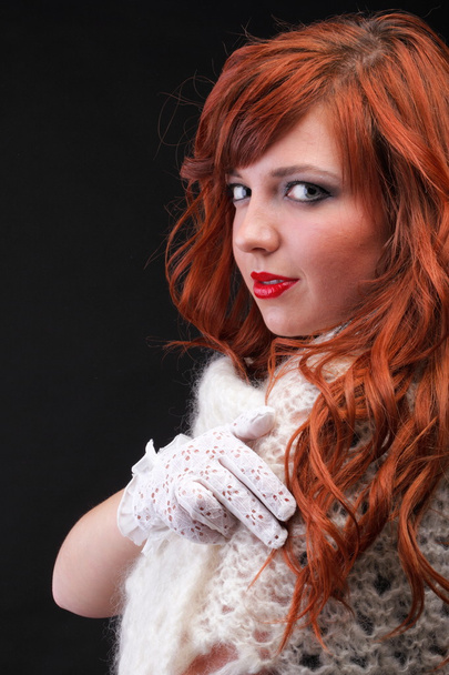 lovely redhead - white glove warm scarf Young beautiful red hair - Фото, зображення