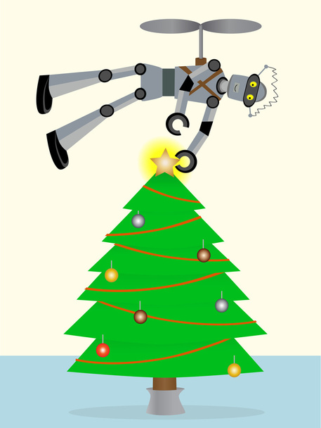 Roboter setzt Stern auf Baum mit - Vektor, Bild