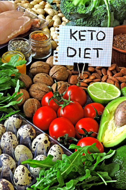 eine Reihe nützlicher gesunder Lebensmittel. Hühnerfilet, Brokkoli, Avocado, Nüsse, Wachteleier, Rucola, Kirschtomaten. Beachten Sie, dass Keto-Diät lesen. - Foto, Bild