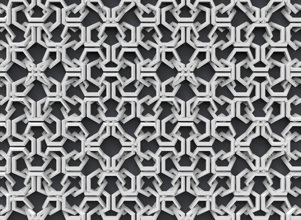 3D rendering. Αφηρημένη παράτυπες άσπρα γεωμετρικά αντικείμενα μοτίβο σε μαύρο bakcground. - Φωτογραφία, εικόνα