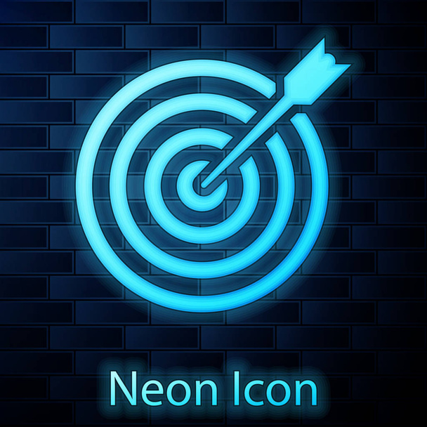 Leuchtende Neon-Target mit Pfeil-Symbol isoliert auf Backsteinwand Hintergrund. Dartscheibe Schild. Bogenschießen. Dartscheibe. Geschäftszielkonzept. Vektorillustration - Vektor, Bild