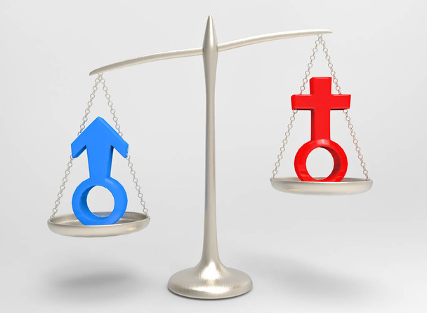 3d rendering. Red female and blue male gender sign on silver balance scale which man side is Heavy then woman side. unequal or gender pay gap concept. - Photo, Image
