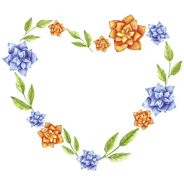 Heart shaped wreath, hand drawn watercolor illustration, made of exotic tropical dahlia flowers in orange and blue colors - Fotó, kép