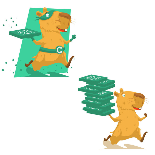 Söpö käsi piirretty capybara käynnissä. Hauska eläinten supersankari, joka toimittaa pizzaa. Vektoriesimerkki
 - Vektori, kuva