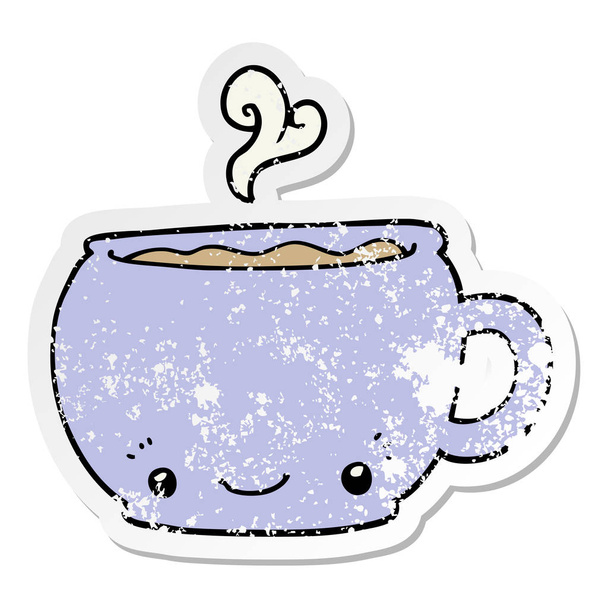 distressed sticker of a cartoon hot cup of coffee - Vector, Image