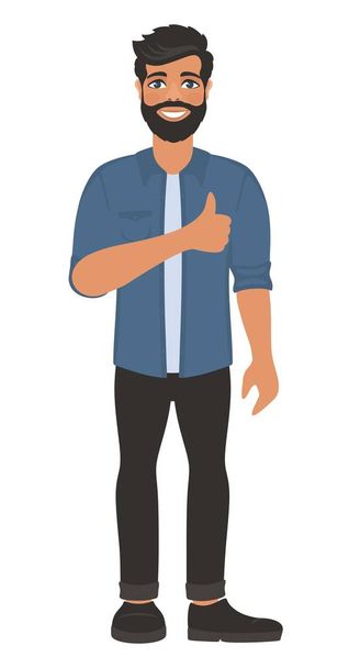 Happy smiling man shows thumbs up. Gesture, symbol or sign Like, cool, agree, approve. Bearded dark-haired guy with blue eyes in a shirt and jeans. Cartoon positive character on white background.  - Vector, Image