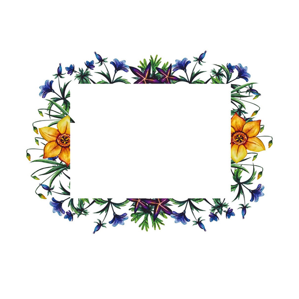 Floral frame met blauwe bloem en narcissen op een witte achtergrond in aquarel. - Foto, afbeelding