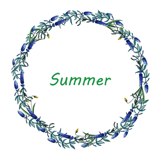 Floral wreath with blue flower on a white background in watercolor. - Foto, afbeelding