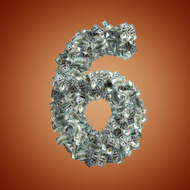 The Number 6 made from new 100 Dollar bills on a red background - 3D Rendering  - Foto, Imagem