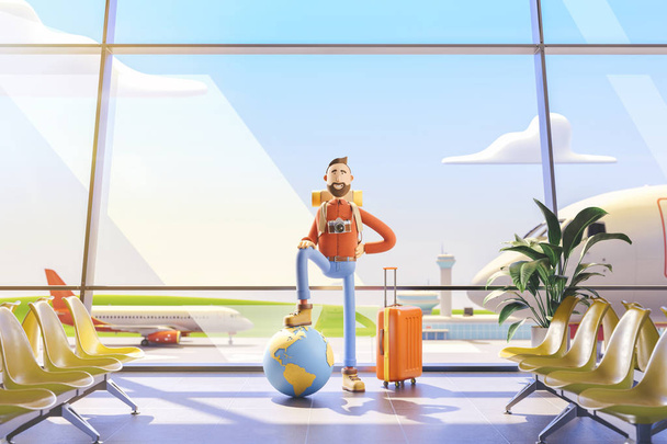 Cartoon character tourist keeps the whole world on the palm in airport. 3d illustration. World travel concept. - Foto, Imagem