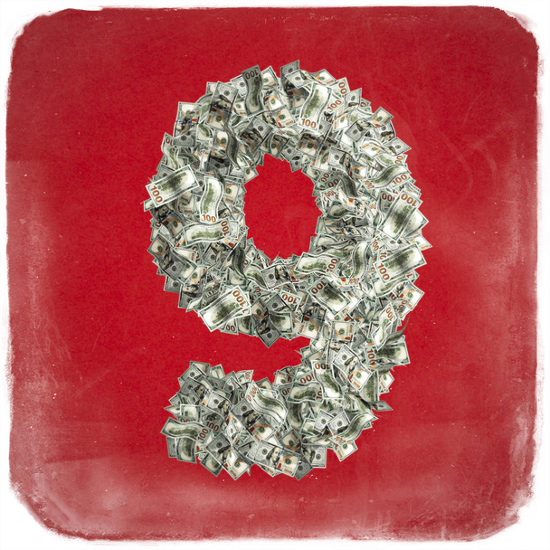 The Number 9 made from new 100 Dollar bills on a red background - 3D Rendering  - Foto, imagen