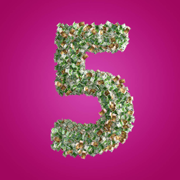 The Number 5 made from Euro banknotes- 3D Rendering  - Фото, зображення