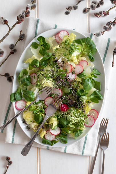 Frühlingssalat mit Brokkoli und Grünkohl auf weißem Rücken - Foto, Bild