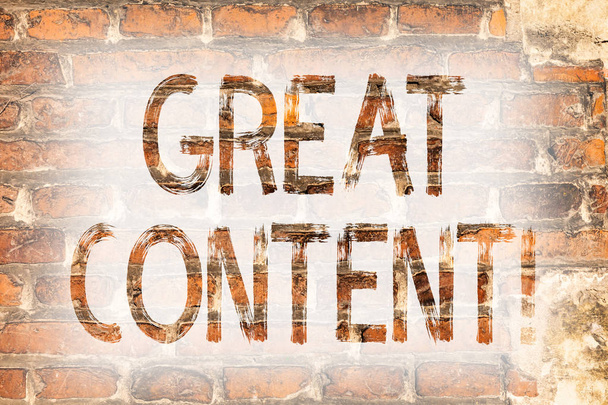Writing note showing Great Content. Business photo showcasing Excellent Information Valuable Interesting Good Convenient Brick Wall art like Graffiti motivational call written on the wall. - Photo, Image
