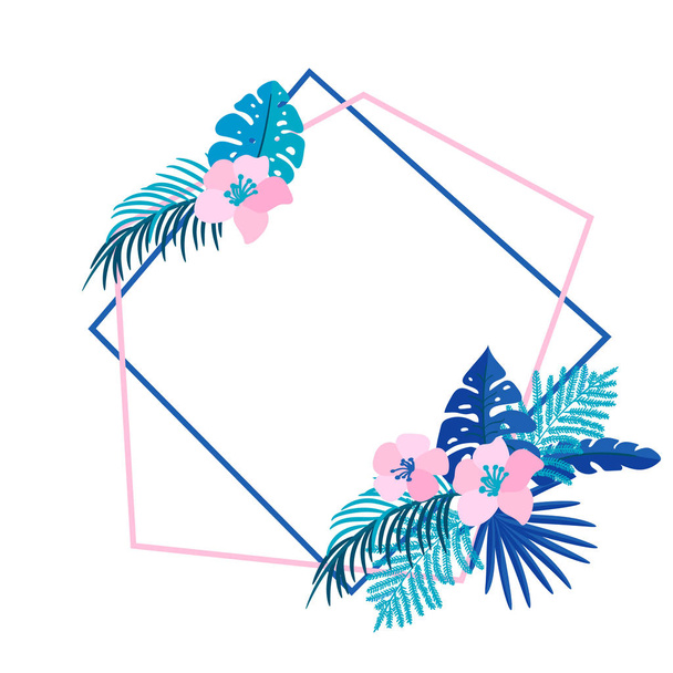 Geometriai nyári koszorú virág trópusi tenyér és a hely a szöveg. Lapos gyógynövény absztrakt vektor kerti keret. esküvői meghívók, dekoráció elem monstera virágos elszigetelt illusztráció - Vektor, kép