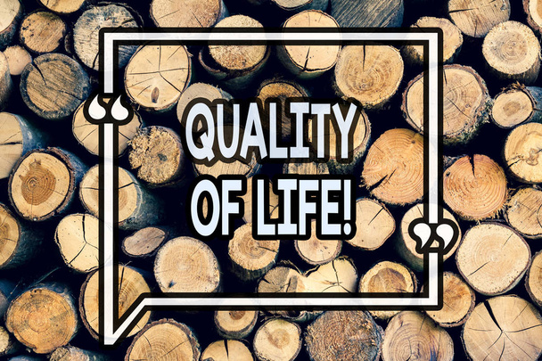 Writing note showing Quality Of Life. Business photo showcasing Good Lifestyle Happiness Enjoyable Moments Wellbeing Wooden background vintage wood wild message ideas intentions thoughts. - Photo, Image