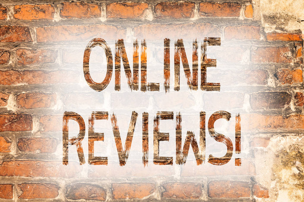 Writing note showing Online Reviews. Business photo showcasing Internet Evaluations Customer Rating Opinions Satisfaction Brick Wall art like Graffiti motivational call written on the wall. - Photo, Image