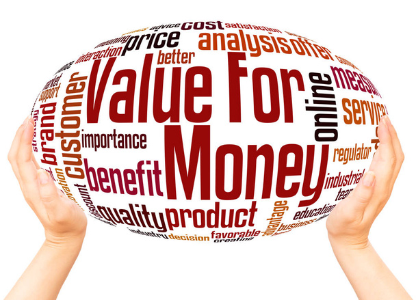 Αξία για τα χρήματα λέξη σύννεφο χέρι σφαίρα έννοια - Φωτογραφία, εικόνα