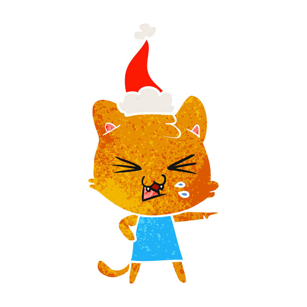 Ретро-карикатура на шипящего кота в шляпе Санты
 - Вектор,изображение