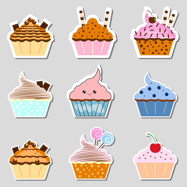 Set of yummy cake sticker, muffin isolated on background.  - Vector, Image