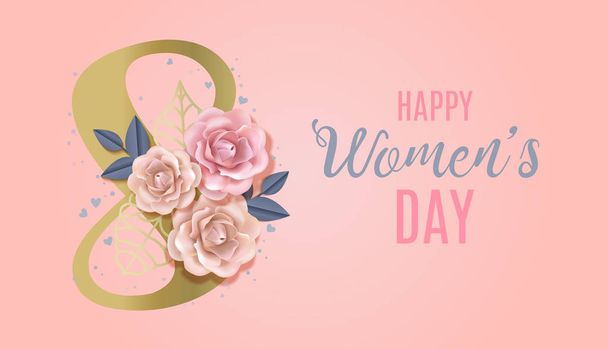 Щасливий Міжнародний жіночий день векторний банер, Флаєр на 8 березня прикраси з паперових троянд і ручної звернено написи. Поздоровлення і бажаючи щаслива святкова листівка для розсилки, брошури, листівки - Вектор, зображення