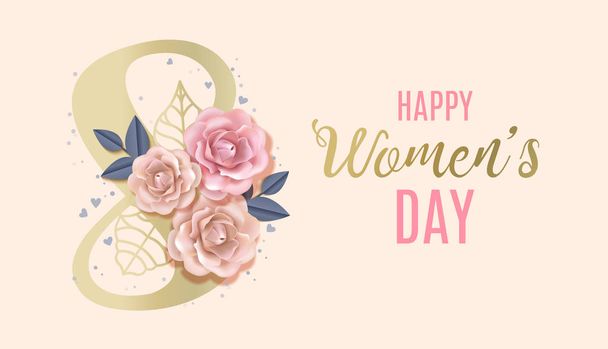 Feliz Internacional Womens Day Vector Banner, panfleto para 8 de março de decoração por rosas de papel e letras desenhadas à mão. Parabéns e desejando feliz cartão de férias para boletim informativo, brochuras, cartões postais
 - Vetor, Imagem