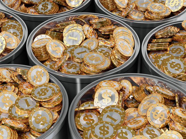 Golden Dollar Coins in a Bucket - 3D Rendering - Foto, afbeelding