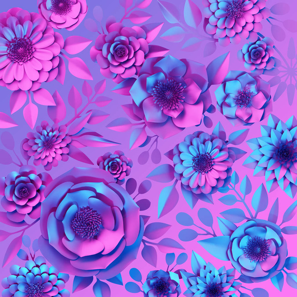 3d render, pink blue neon paper flowers, floral design, holographic botanical background, ultraviolet spectrum, fashion wallpaper - Foto, afbeelding