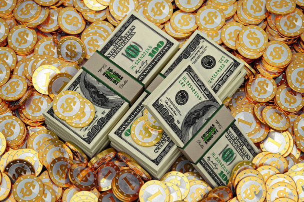 dollar bills and golden coins with dollar symbol - Photo, Image