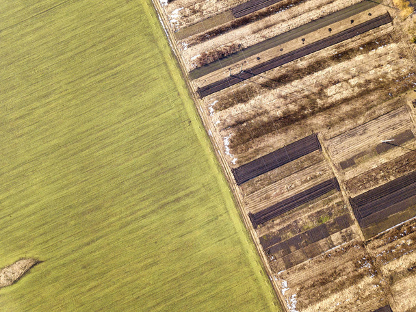 Paesaggio agricolo dall'aria. Straight stretta strada di terra scommessa
 - Foto, immagini