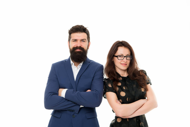 Portrait of smiling business partners. Business partner couple isolated on white. happy businesspeople. Partnership and collaboration. bearded man and sexy woman partner. Intelligent and confident - Fotó, kép