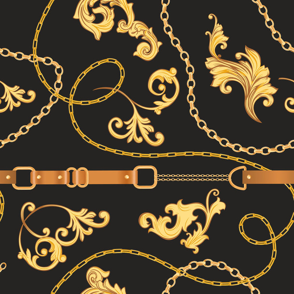 Fashion Fabric Seamless Pattern with Golden Chains, Belts and Straps. Luxury Baroque Background Fashion Design with Jewelry Elements for Textile, Wallpaper, Scarf. Vector illustration - Διάνυσμα, εικόνα