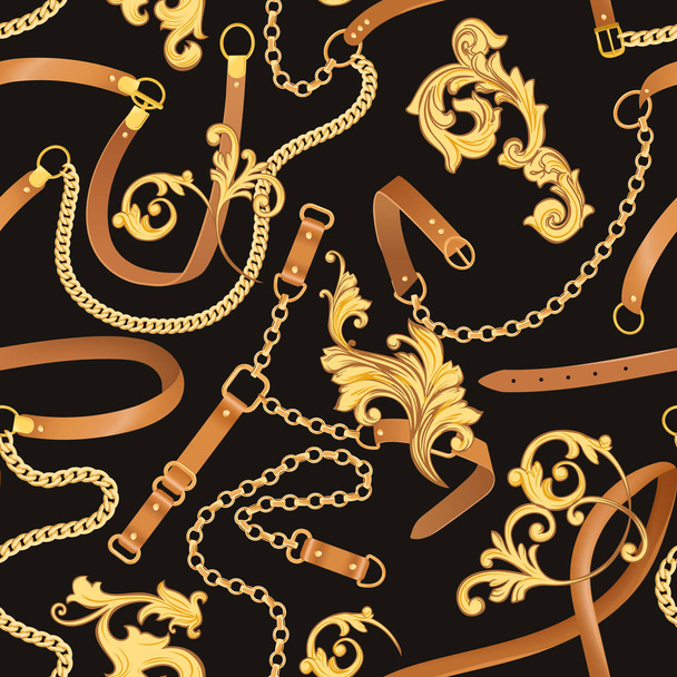 Fashion Fabric Seamless Pattern with Golden Chains, Belts and Straps. Luxury Baroque Background Fashion Design with Jewelry Elements for Textile, Wallpaper, Scarf. Vector illustration - ベクター画像